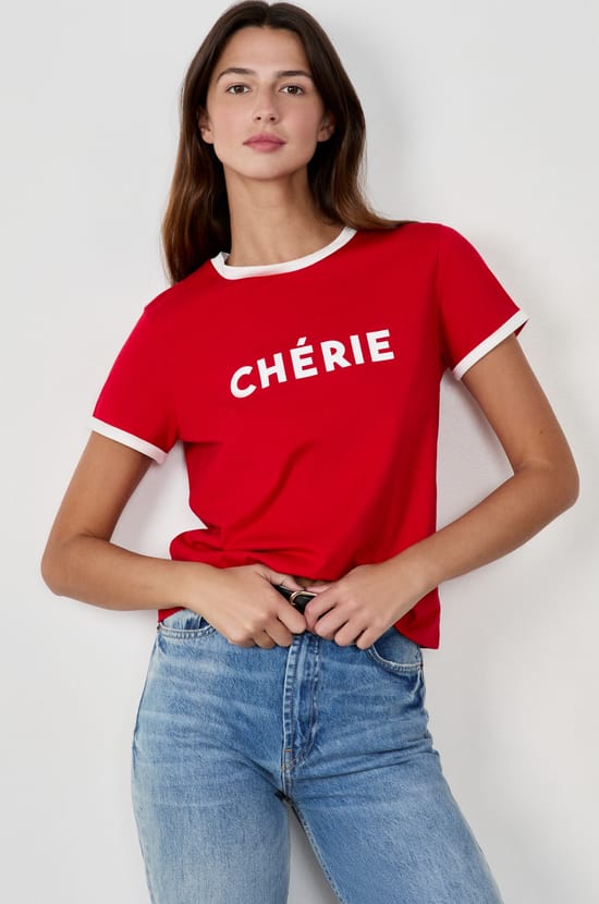 Short-sleeved T-shirt with "Chérie" print;${refinementColor}