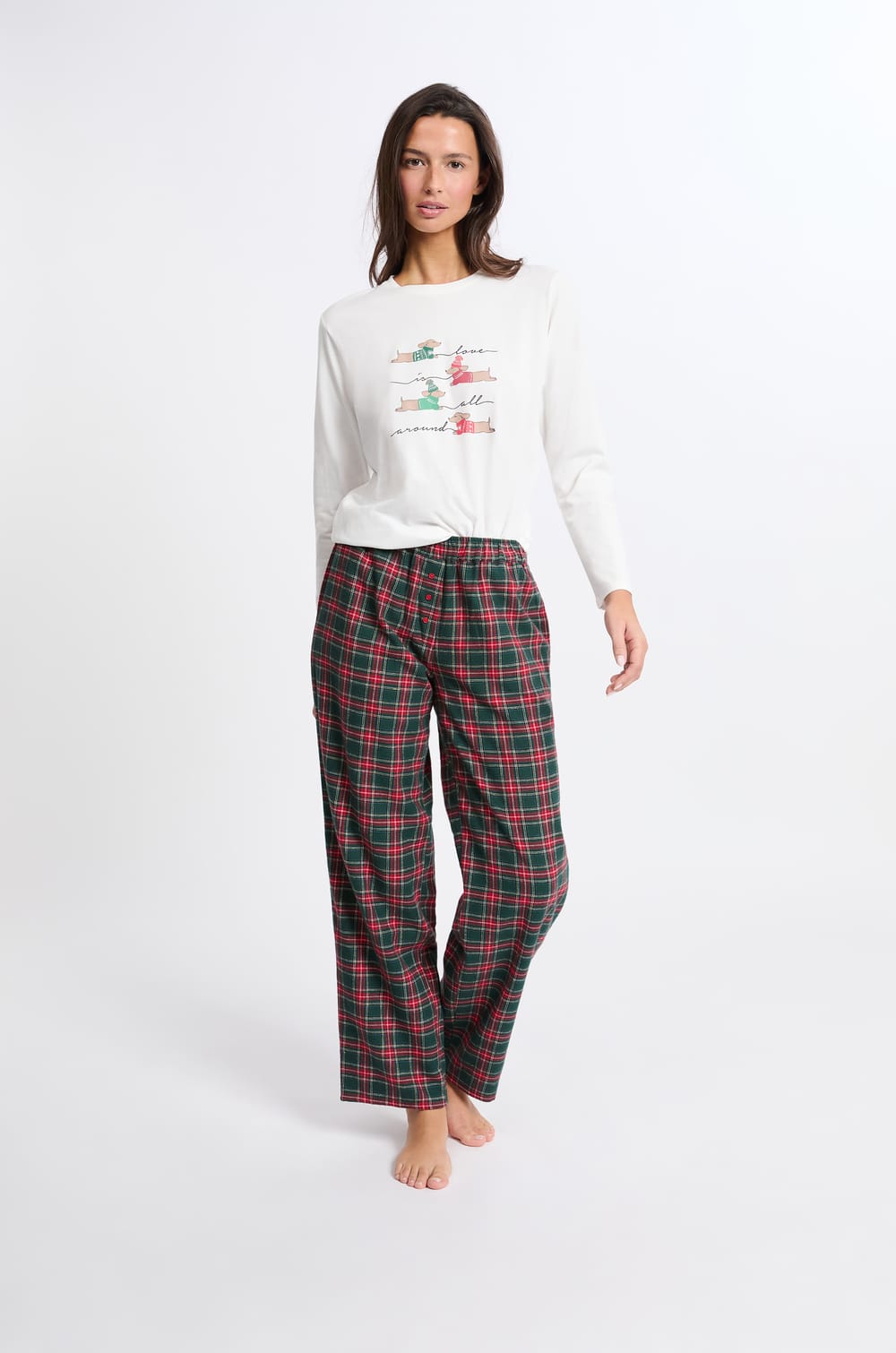 Ensemble de pyjama 3 pi&egrave;ces &agrave; carreaux et imprim&eacute; teckel;${refinementColor}