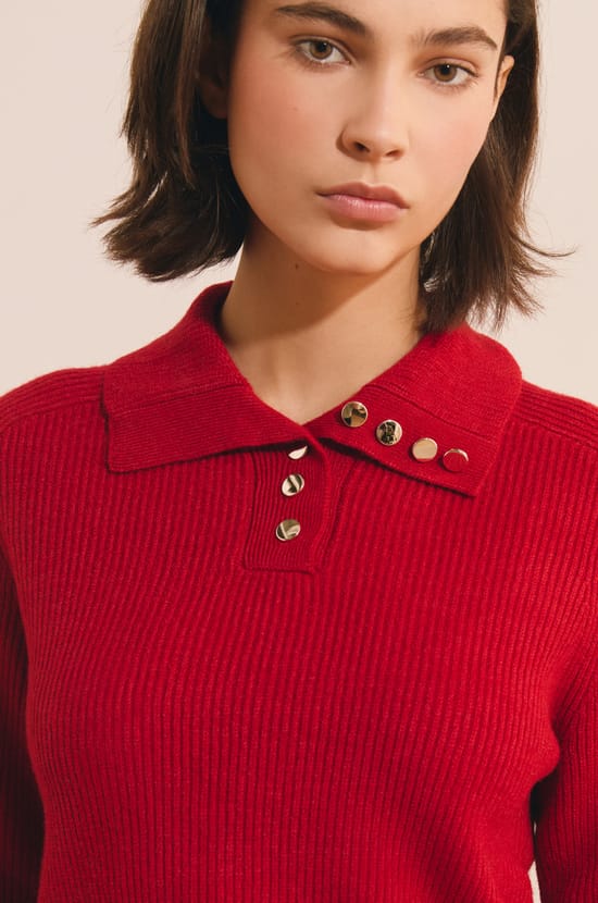 Pull col polo &agrave; d&eacute;tails boutons dor&eacute;s;${refinementColor}