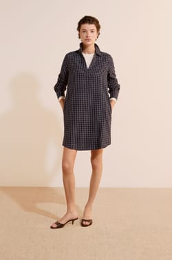 Robe chemise courte &agrave; carreaux en coton;${refinementColor}