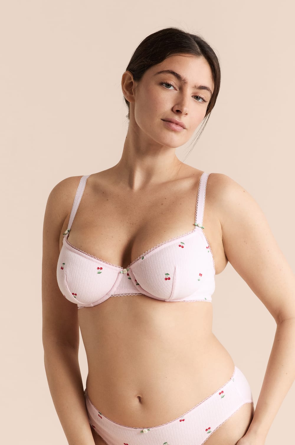 Soutien-gorge balconnet en coton pointelle &agrave; motifs;${refinementColor}