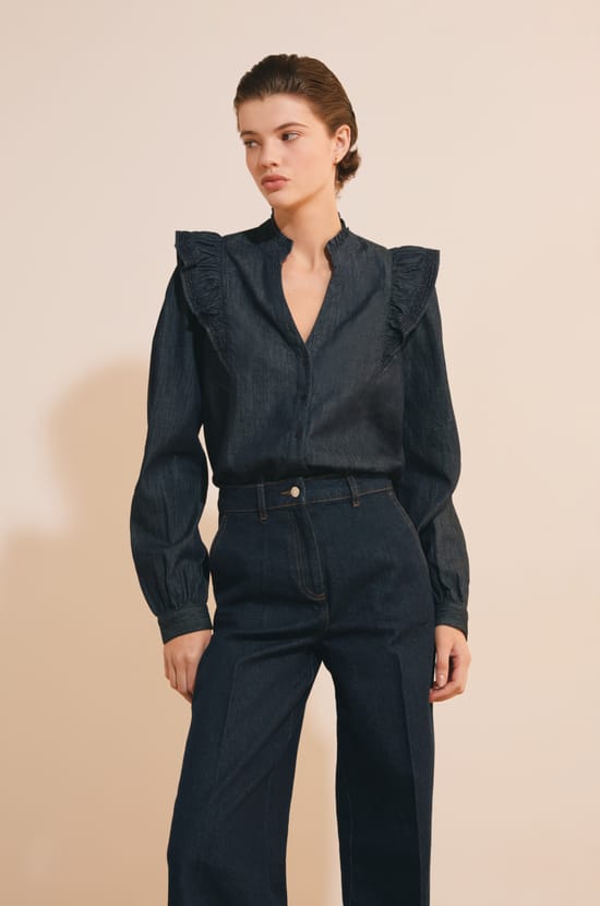 Blouse en jean &agrave; volants;${refinementColor}