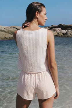 Top &agrave; nouer &agrave; rayures avec lin;${refinementColor}