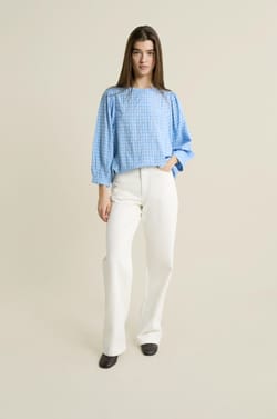 Balloon Sleeve Checkered Blouse;${refinementColor}