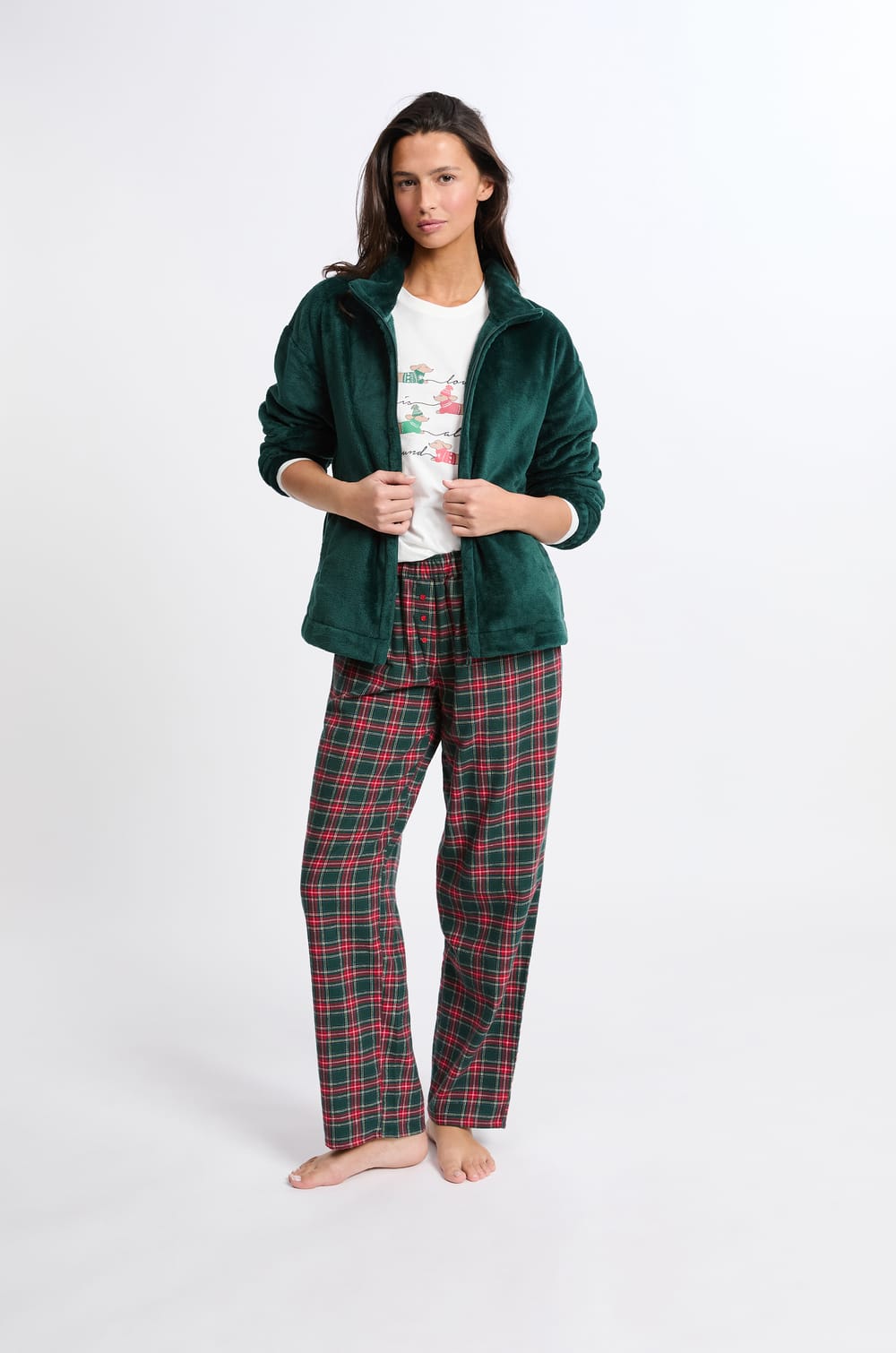 Ensemble de pyjama 3 pi&egrave;ces &agrave; carreaux et imprim&eacute; teckel;${refinementColor}