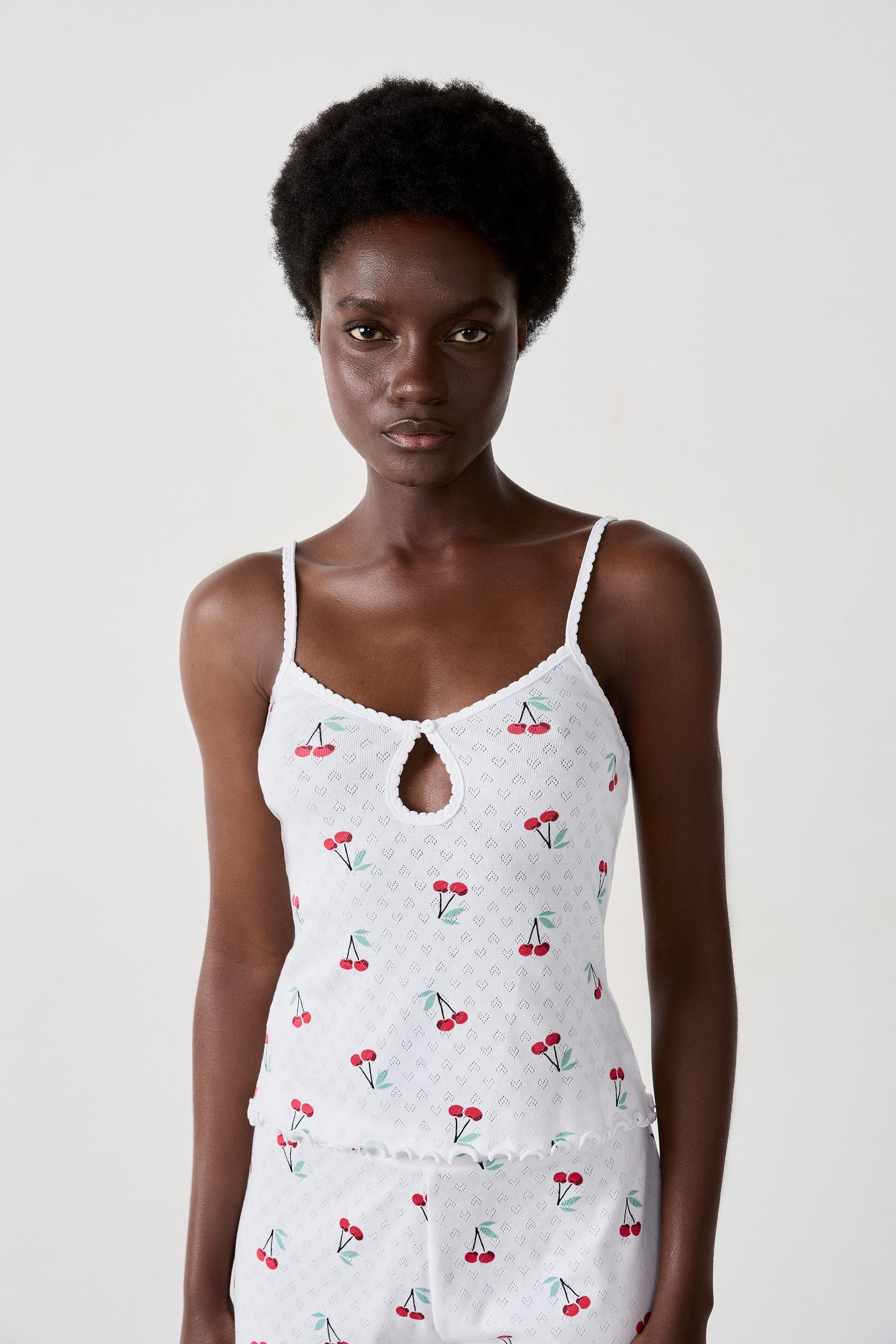 Cherry-Print Pointelle Cotton Tank Top - CHERRY - BLANC - ETAM