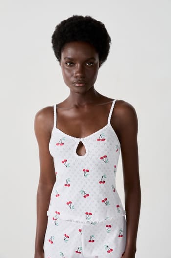 Cotton tank top with cherry print pointelle;${refinementColor}