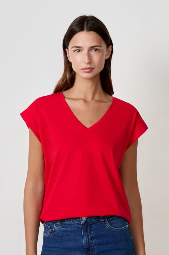 T-shirt col V 100% coton;${refinementColor}