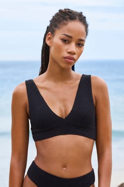 Triangle bikini top in stretchy glittery fabric;${refinementColor}