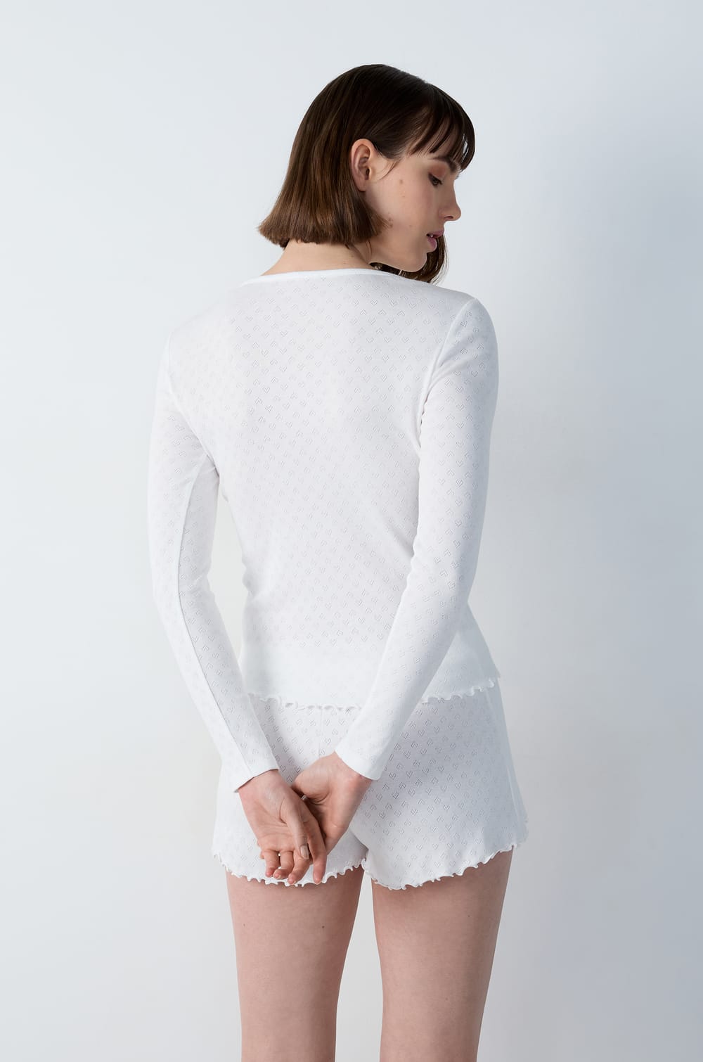 Long-sleeved T-shirt in pointelle cotton;${refinementColor}