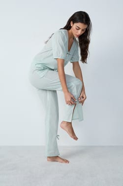 Cotton Straight-Cut Checkered Pyjama Trousers with Bow Details;${refinementColor}