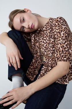 Leopard Print Front-Tie Blouse;${refinementColor}