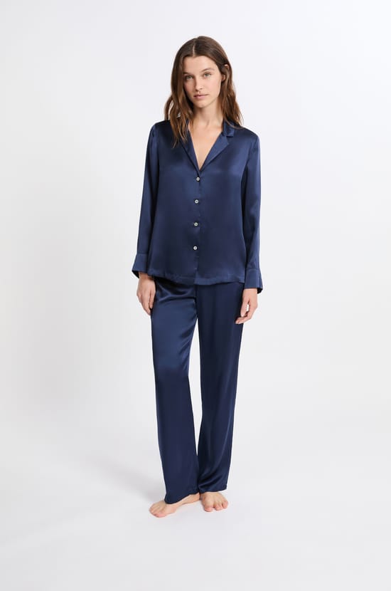 Long-Sleeved Washable Silk Pajama Shirt;${refinementColor}