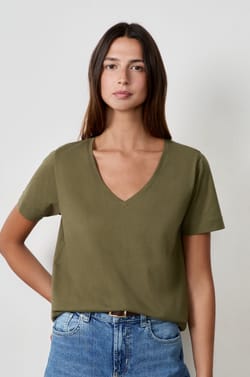 T-shirt col V manches courtes en coton;${refinementColor}