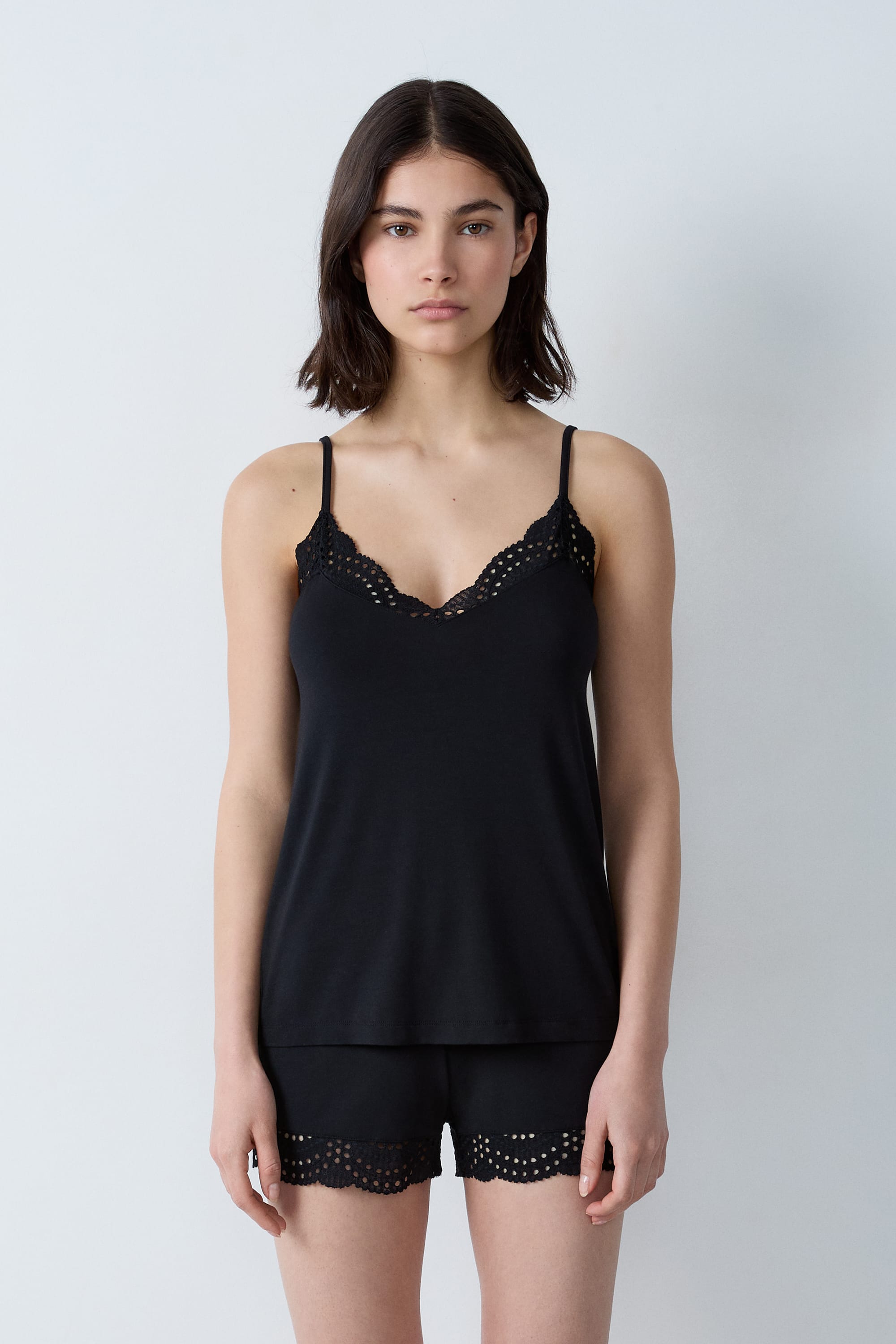 Modal Camisole with Lace Neckline - JOSEPHINE - NOIR - ETAM