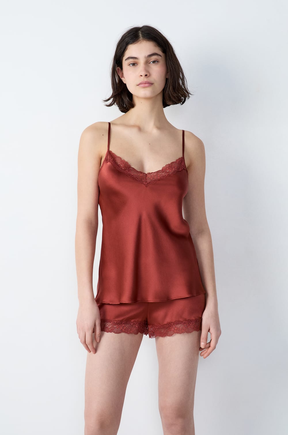 Silk Camisole with Lace Details;${refinementColor}