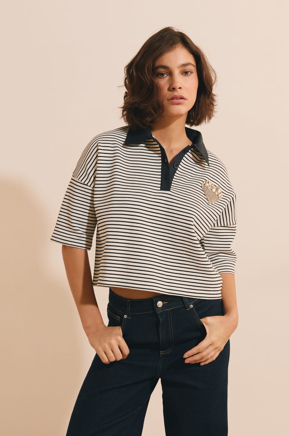 T-shirt manches courtes &agrave; rayures en coton;${refinementColor}