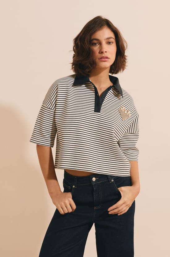 T-shirt manches courtes &agrave; rayures en coton;${refinementColor}