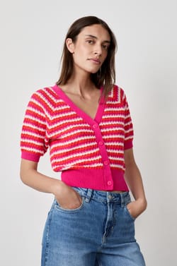 Cardigan manches courtes &agrave; rayures;${refinementColor}