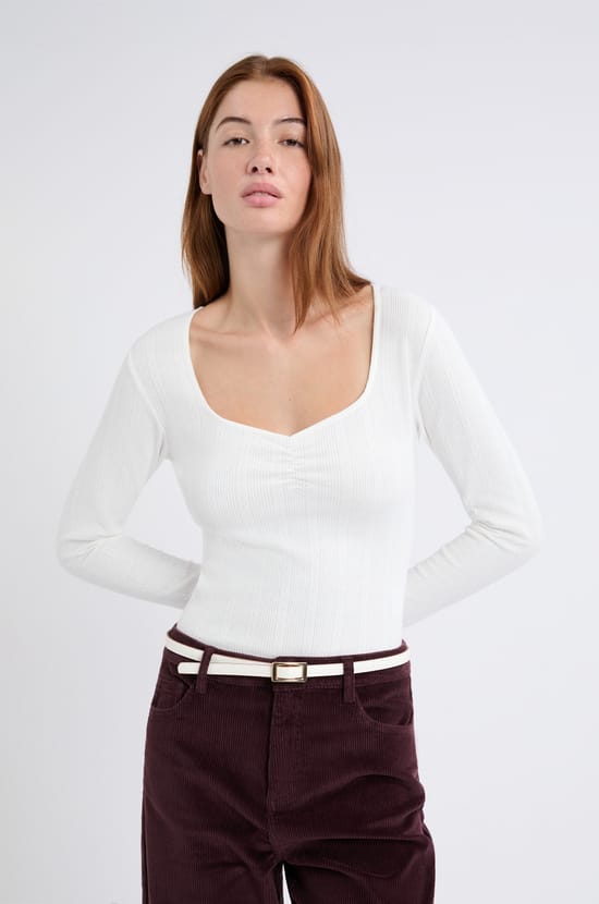 T-shirt manches longues en coton pointelle;${refinementColor}