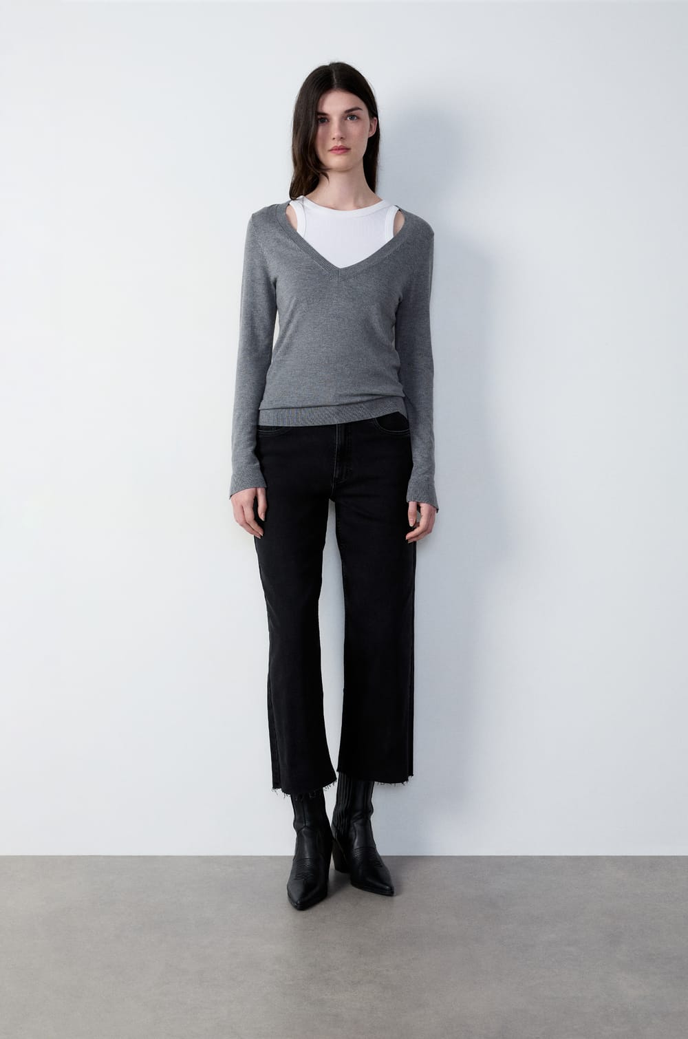 Long Sleeve V-Neck Sweater;${refinementColor}