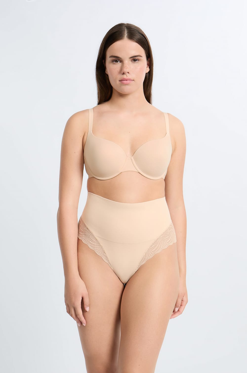 Tanga de talle alto moldeador con detalles de encaje - Sujeción media;${refinementColor}