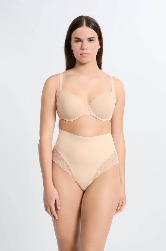 Tanga de talle alto moldeador con detalles de encaje - Sujeción media;${refinementColor}