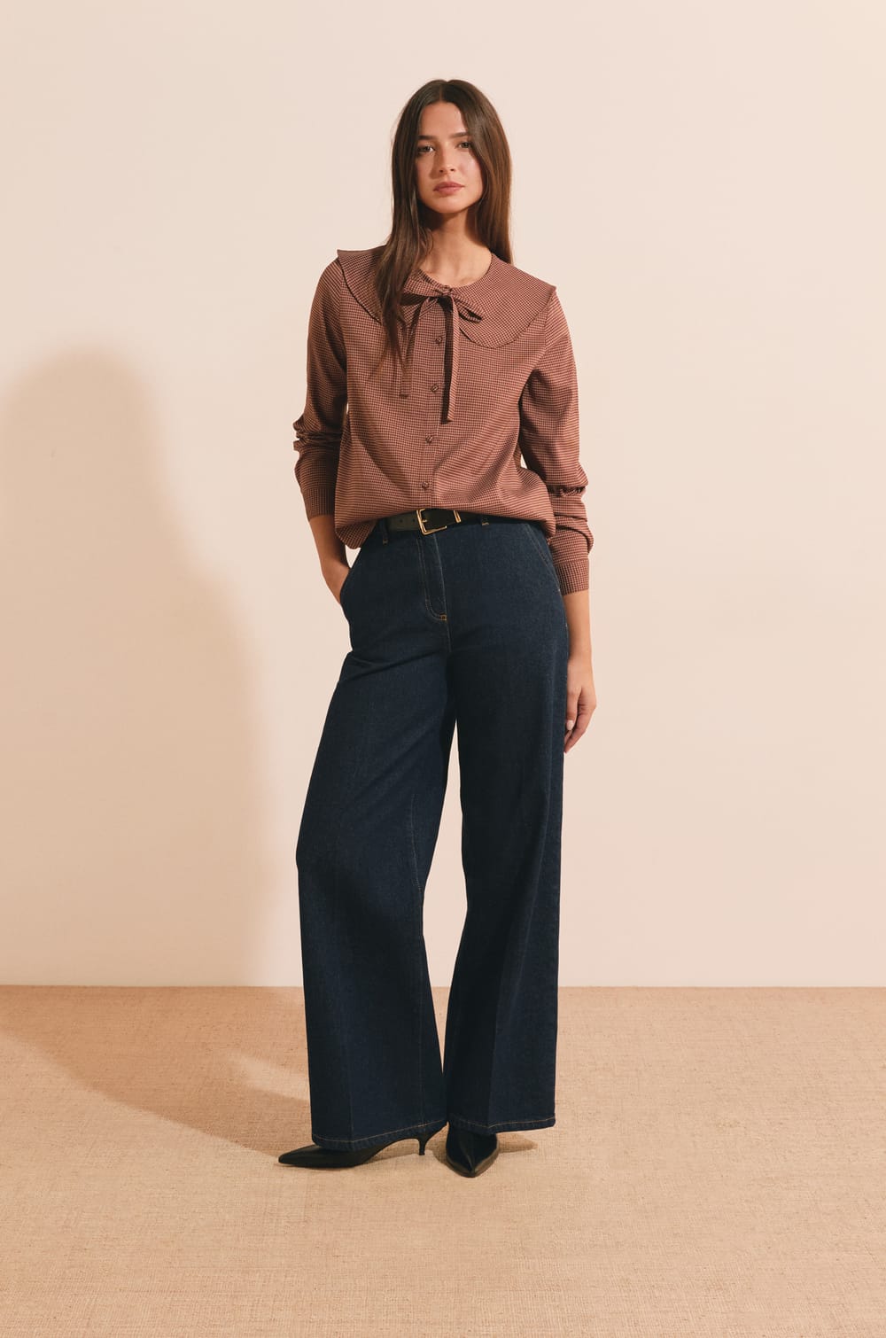 Chemise col claudine &agrave; carreaux;${refinementColor}