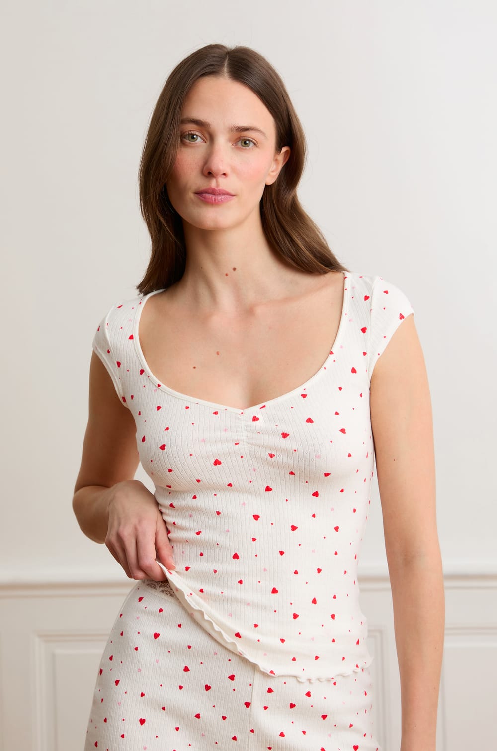 Pyjamatop met korte mouwen in pointelle met hartmotieven van katoen;${refinementColor}