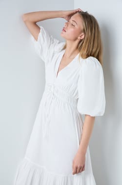 Mid-length cotton dress with puff sleeves;${refinementColor}