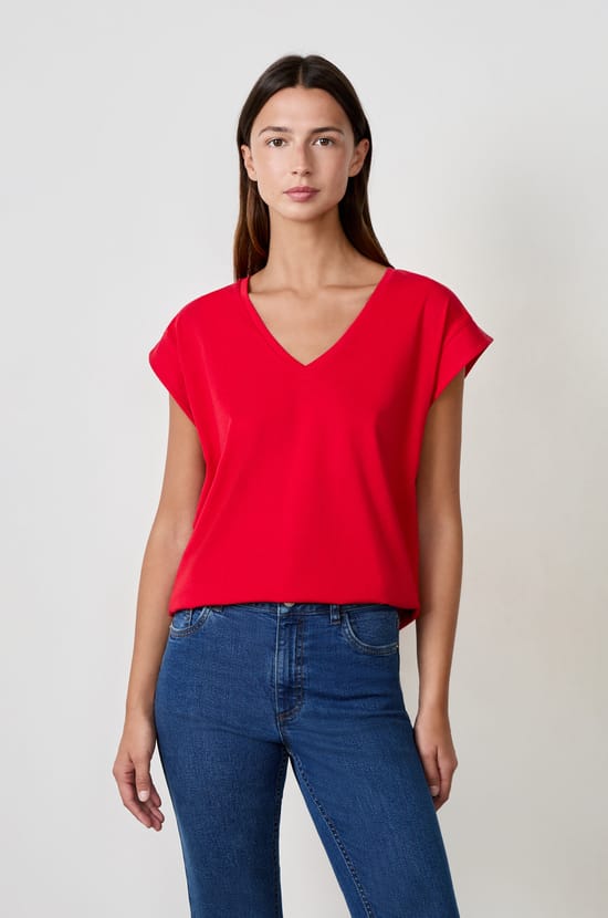T-shirt col V 100% coton;${refinementColor}