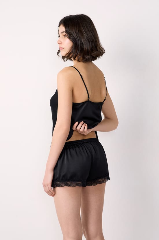 Silk pyjama shorts with lace details;${refinementColor}