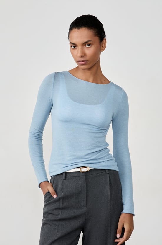 Long-sleeved boat neck T-shirt with cashmere;${refinementColor}