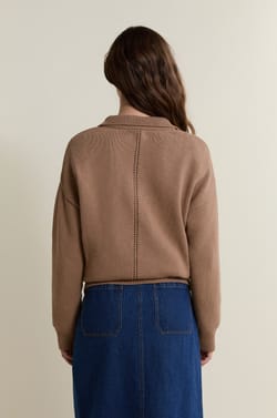 V-neck Polo with Long Sleeves in Cotton;${refinementColor}