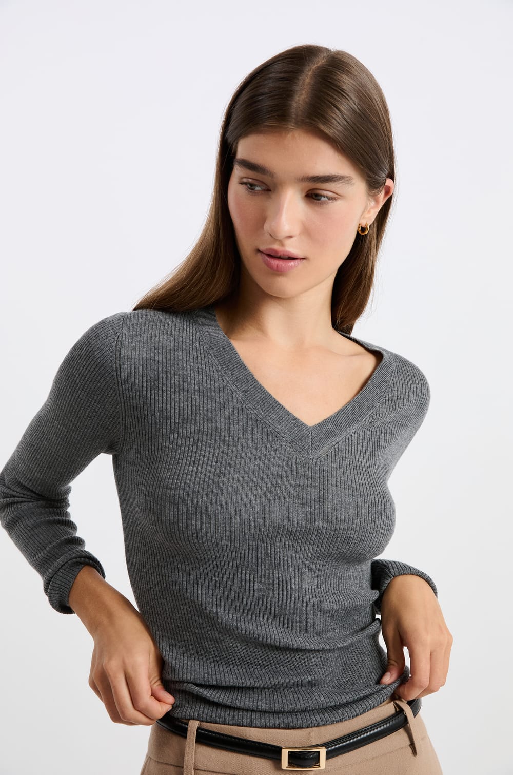 V-neck Sweater with Wool;${refinementColor}