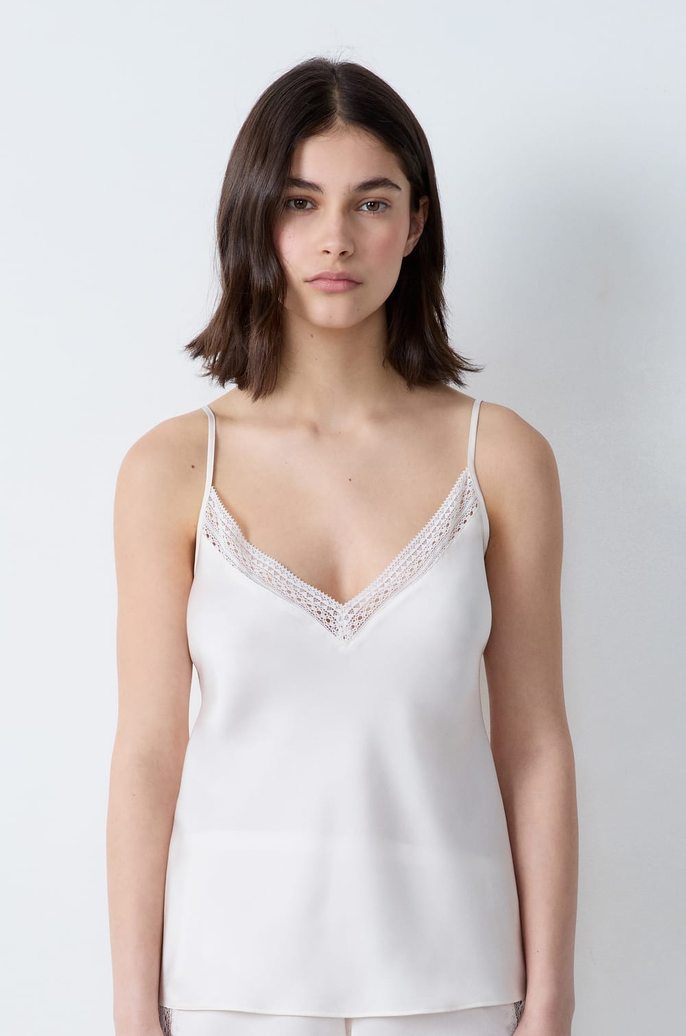 Satin Camisole with Lace Neckline;${refinementColor}