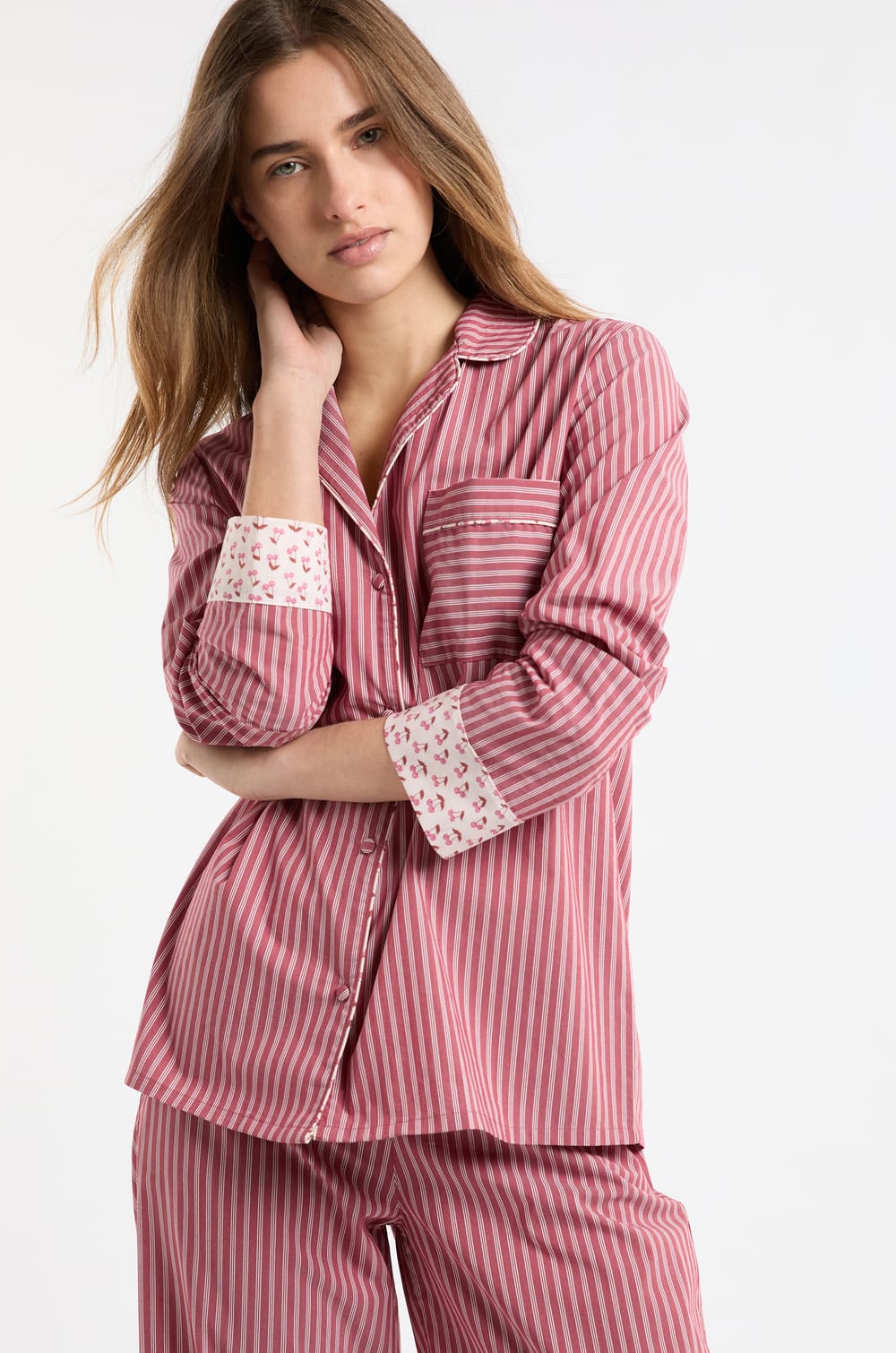 Striped Cotton Pyjama Shirt with "Cocktail" Details;${refinementColor}
