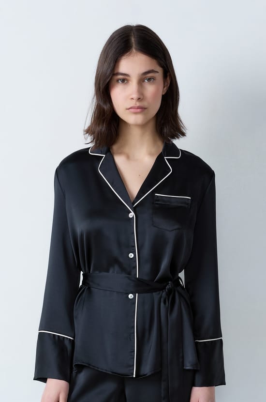 Satin Pyjama Shirt with Tie;${refinementColor}