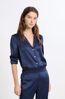 Long-Sleeved Washable Silk Pajama Shirt;${refinementColor}