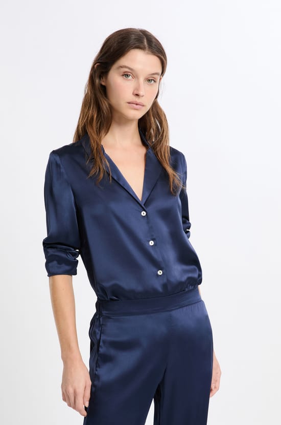 Long-Sleeved Washable Silk Pajama Shirt;${refinementColor}