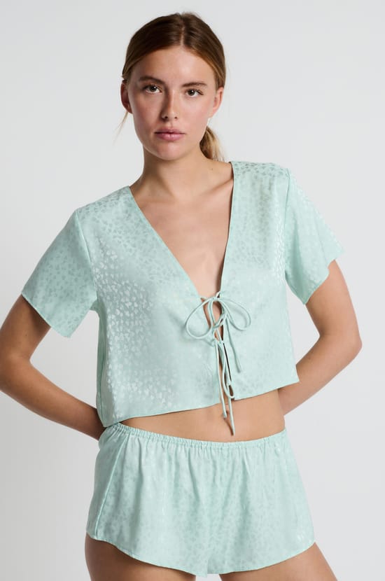 Printed satin blouse with short sleeves and bows;${refinementColor}