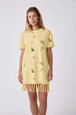 Printed T-shirt dress with fringes;${refinementColor}