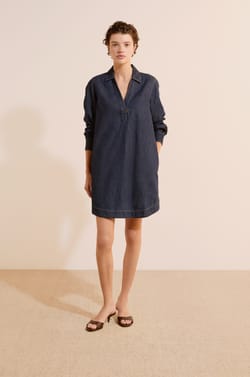 Robe courte &agrave; manches longues en jean;${refinementColor}