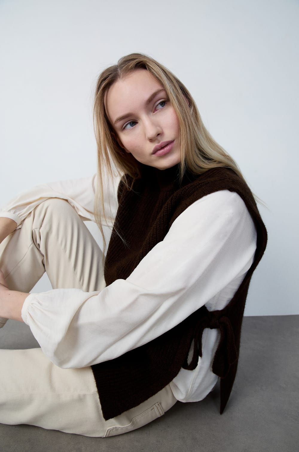 Sleeveless High Neck Tie-Front Sweater;${refinementColor}