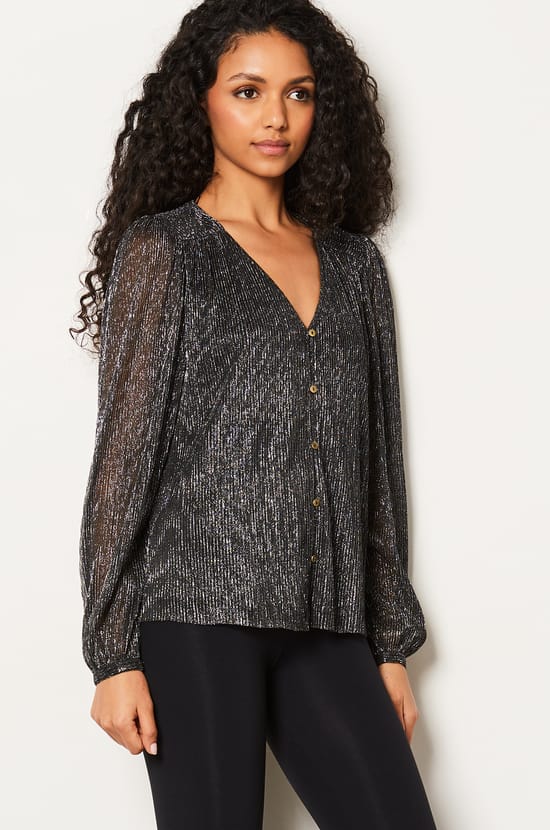 Chemise col V à paillettes;${refinementColor}