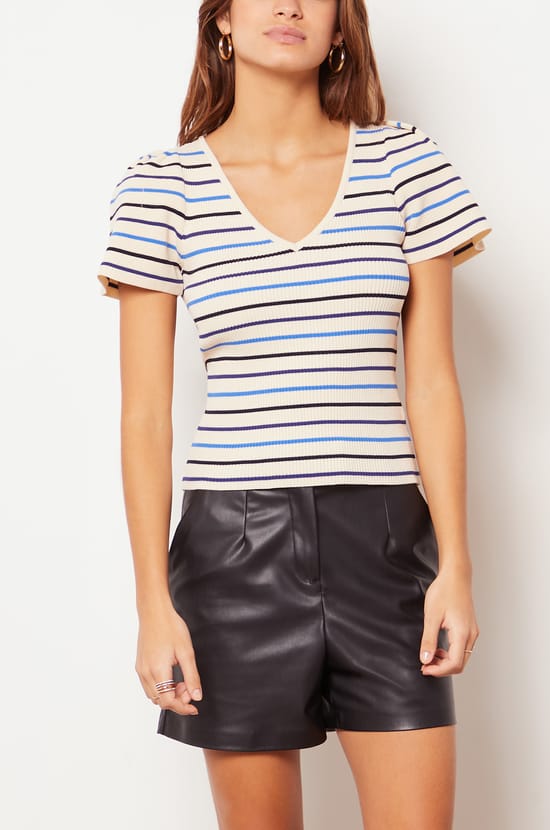 Striped Short-sleeved Puff Sweater;${refinementColor}