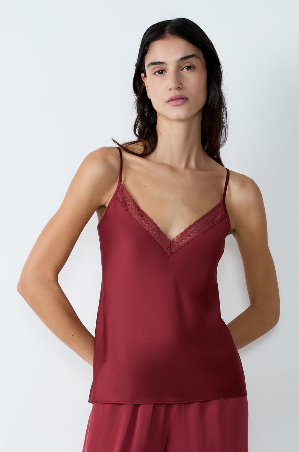Satin camisole with lace neckline;${refinementColor}