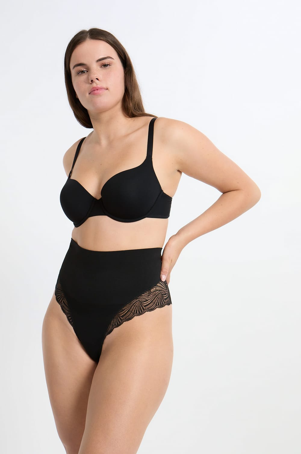 High Waist Thong With Lace Details- Medium Control;${refinementColor}