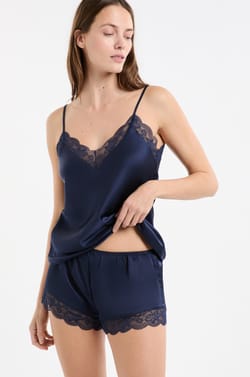 Satin Pyjama Shorts with Lace Details;${refinementColor}