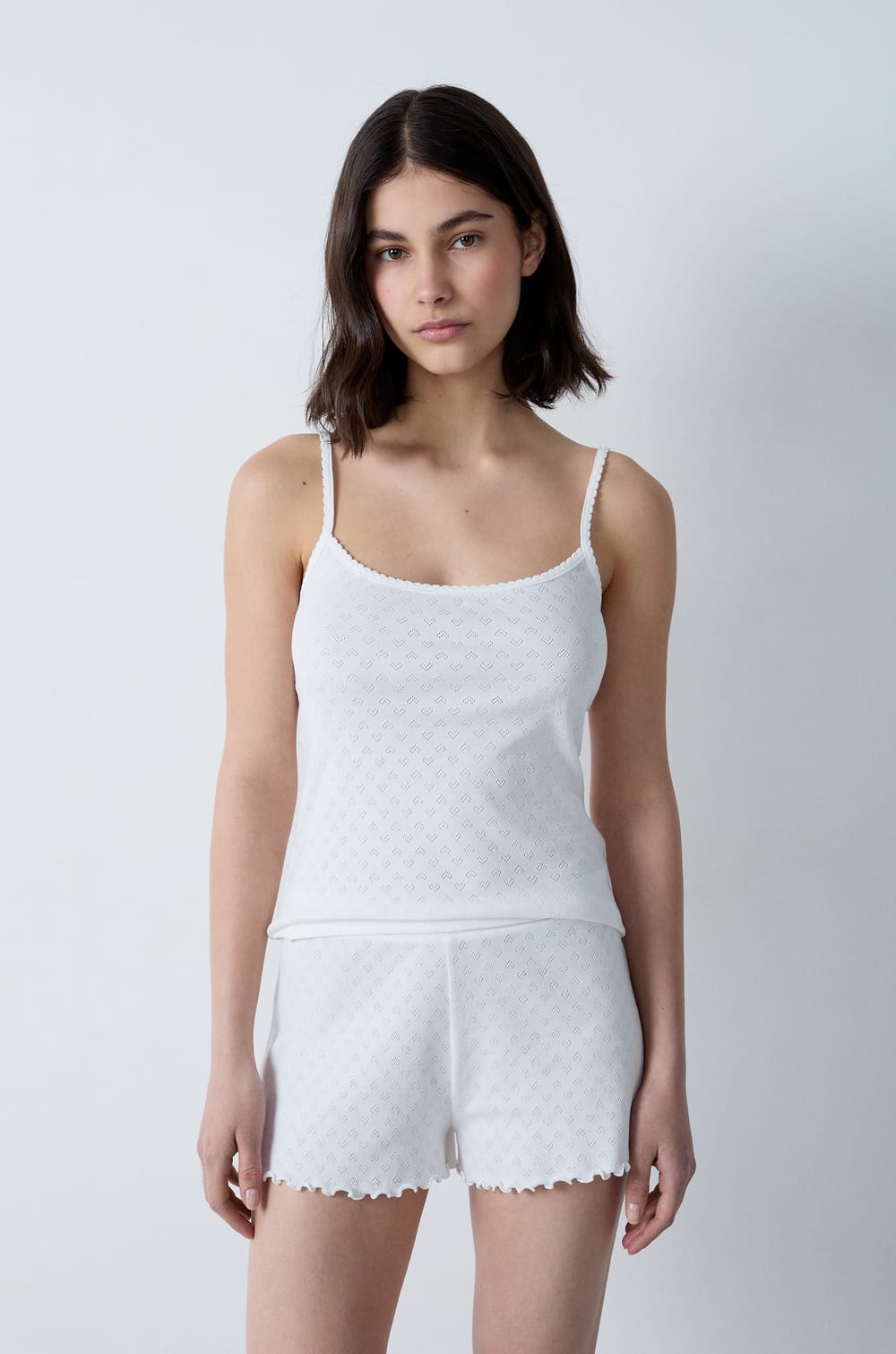 Ausgestellte Pyjama-Shorts aus Pointelle-Baumwolle;${refinementColor}